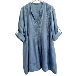 CP Shades Regina Linen Tunic Mini Dress Womens Large L Blue Chambray Tab Sleeve
